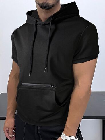 SweatyRocks Men's Short Sleeve Drawstring Hooded Tee Top Zip Front Pullover T Shirt with Pocket in Saudi Arabia