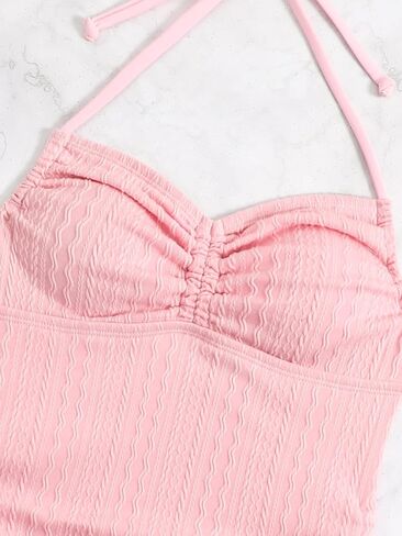Women's Solid Drawstring Halter Tie Side One Piece Swimsuit Y2K Ruched Bathing Suits Backless Swimwear Beachwear in Saudi Arabia