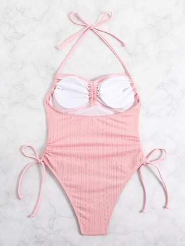 Women's Solid Drawstring Halter Tie Side One Piece Swimsuit Y2K Ruched Bathing Suits Backless Swimwear Beachwear in Saudi Arabia