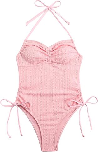 Women's Solid Drawstring Halter Tie Side One Piece Swimsuit Y2K Ruched Bathing Suits Backless Swimwear Beachwear in Saudi Arabia