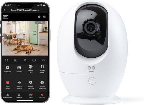 كاميرا Geeni الذكية للحيوانات الأليفة في الأماكن المغلقة، كاميرا PTZ ذات تدوير تلقائي - 2K Quad HD، تنبيهات كشف الحركة، رؤية ليلية، مراقبة منزلية فيديو ذكية للأمان الصوتي في اتجاهين، متوافقة مع Alexa، Google Home in Kuwait