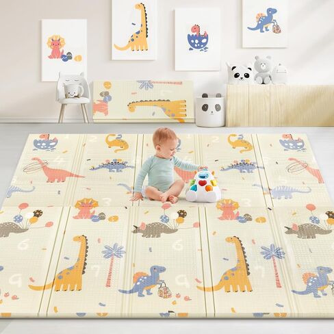 79/''x71/''x0.4/'' Extra Large Waterproof Foldable Baby Floor Play Mat, XPE Foam Playmat for Infants Babies from Newborns to Toddlers, Crawl Walk, Reversible & Portable Dino and Track Pattern in Saudi Arabia