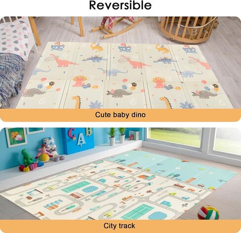 79/''x71/''x0.4/'' Extra Large Waterproof Foldable Baby Floor Play Mat, XPE Foam Playmat for Infants Babies from Newborns to Toddlers, Crawl Walk, Reversible & Portable Dino and Track Pattern in Saudi Arabia