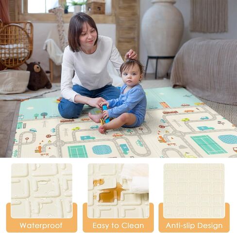79/''x71/''x0.4/'' Extra Large Waterproof Foldable Baby Floor Play Mat, XPE Foam Playmat for Infants Babies from Newborns to Toddlers, Crawl Walk, Reversible & Portable Dino and Track Pattern in Saudi Arabia