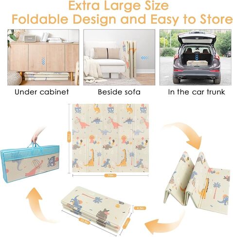 79/''x71/''x0.4/'' Extra Large Waterproof Foldable Baby Floor Play Mat, XPE Foam Playmat for Infants Babies from Newborns to Toddlers, Crawl Walk, Reversible & Portable Dino and Track Pattern in Saudi Arabia