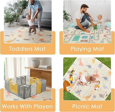79/''x71/''x0.4/'' Extra Large Waterproof Foldable Baby Floor Play Mat, XPE Foam Playmat for Infants Babies from Newborns to Toddlers, Crawl Walk, Reversible & Portable Dino and Track Pattern in Saudi Arabia