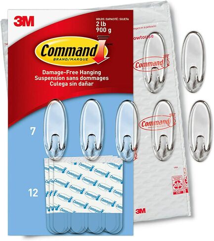 Command Medium Wall Hooks, Damage Free Hanging Wall Hooks with Adhesive Strips, No Tools Wall Hooks for Hanging Decorations in Living Spaces, 7 Clear Wall Hooks and 12 Command Strips in Saudi Arabia