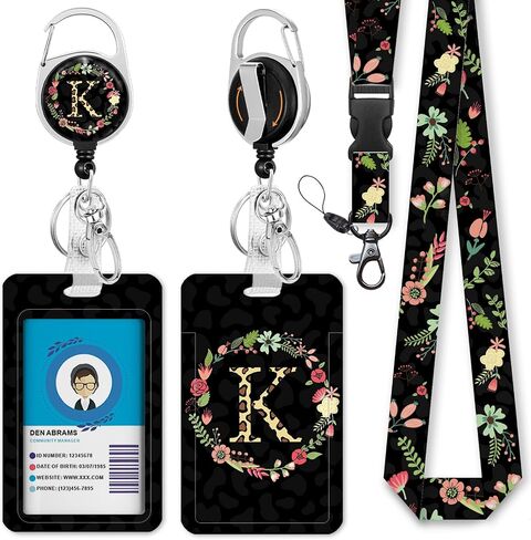 Personalized ID Badge Holder with Lanyard, Flower Retractable Badge Reel with Carabiner Clip, Breakaway Lanyard for Keys, Initial Black Work ID Name Card Holder for Teacher Women Gifts (Letter A) in Saudi Arabia