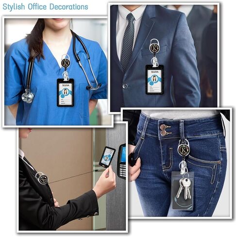 Personalized ID Badge Holder with Lanyard, Flower Retractable Badge Reel with Carabiner Clip, Breakaway Lanyard for Keys, Initial Black Work ID Name Card Holder for Teacher Women Gifts (Letter A) in Saudi Arabia