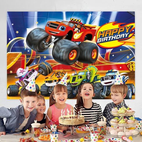 ديكورات عيد الميلاد من Blaze، خلفية لافتة عيد ميلاد سعيد من Blaze لمستلزمات حفلات أعياد الميلاد من Monster Machines (5×3أقدام)، 59*35.4 بوصة in Saudi Arabia