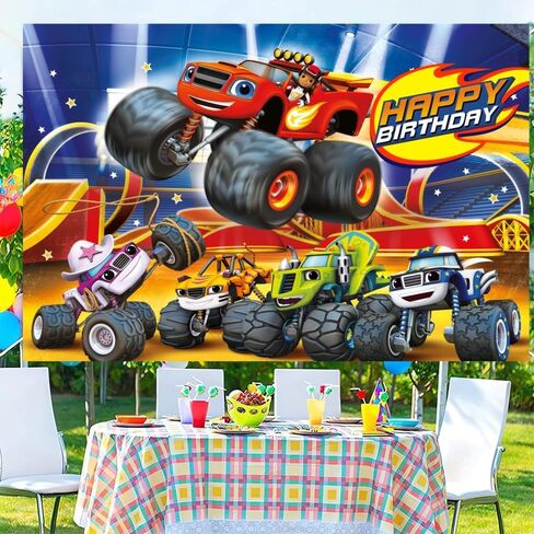 ديكورات عيد الميلاد من Blaze، خلفية لافتة عيد ميلاد سعيد من Blaze لمستلزمات حفلات أعياد الميلاد من Monster Machines (5×3أقدام)، 59*35.4 بوصة in Saudi Arabia