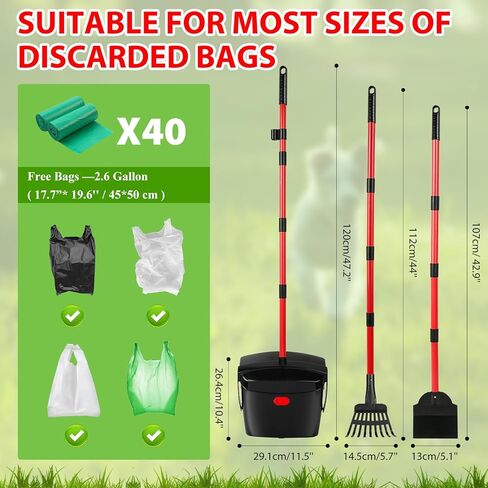 مغرفة مخلفات الكلاب الكبيرة شديدة التحمل، مغرفة مخلفات الكلاب للكلاب الصغيرة المتوسطة مع مقبض طويل لتنظيف نفايات الحيوانات الأليفة، سلة دوارة ومجرفة ومجرفة مع 40 كيس نفايات للساحات الخارجية (أحمر) in Kuwait