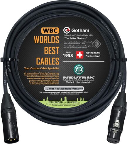 WORLDS BEST CABLES 40 Foot - Gotham GAC-4/1 (Black) – Star Quad - 4xCore 2xShielded (100% Coverage) Balanced Microphone Cable w/Neutrik Gold Male to Female XLR Plugs - Custom Made in Saudi Arabia
