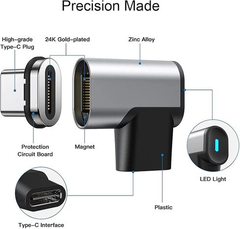 محول USB C 24 دبابيس الزاوية اليمنى موصل مغناطيسي من النوع C يدعم USB PD شاحن سريع 100 وات، نقل بيانات 10 جيجابايت/ثانية، إخراج فيديو 4K@60 هرتز متوافق مع MacBook Pro/Air والمزيد من أجهزة USB-C in Kuwait