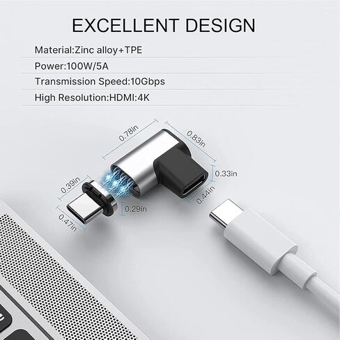 محول USB C 24 دبابيس الزاوية اليمنى موصل مغناطيسي من النوع C يدعم USB PD شاحن سريع 100 وات، نقل بيانات 10 جيجابايت/ثانية، إخراج فيديو 4K@60 هرتز متوافق مع MacBook Pro/Air والمزيد من أجهزة USB-C in Kuwait