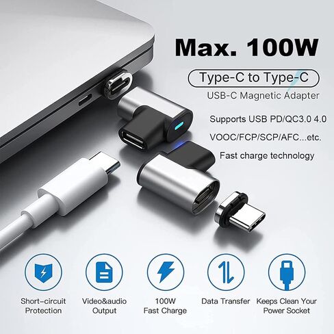 محول USB C 24 دبابيس الزاوية اليمنى موصل مغناطيسي من النوع C يدعم USB PD شاحن سريع 100 وات، نقل بيانات 10 جيجابايت/ثانية، إخراج فيديو 4K@60 هرتز متوافق مع MacBook Pro/Air والمزيد من أجهزة USB-C in Kuwait