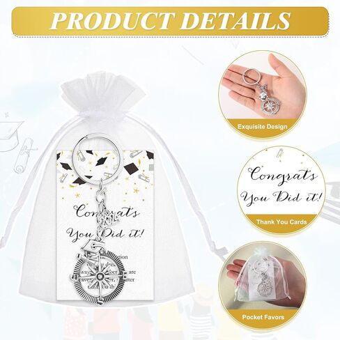30 مجموعة من هدايا التخرج الملهمة دفعة 2024، 30 سلسلة مفاتيح بوصلة مع سحر قبعة التخرج، 30 بطاقة تخرج، 30 حقيبة أورجانزا، هدايا لحفلات التخرج لكبار خريجي الجامعات in Saudi Arabia