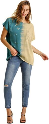 umgee USA Women's Splatter Dip Dye Folded Sleeve Top in Saudi Arabia
