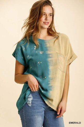 umgee USA Women's Splatter Dip Dye Folded Sleeve Top in Saudi Arabia