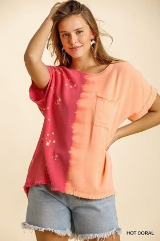 قميص نسائي من Umgee USA ذو أكمام مطوية وصبغة Splatter Dip Dye in Kuwait