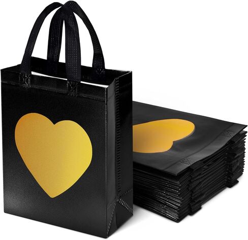 MCPINKY 15PCS Gift Bags with Handles, Black Non-woven Bags with Shiny Gold Heart Reusable Gift Bags Medium Size Party Favor Bags for Birthday Wedding Party Favors in Saudi Arabia