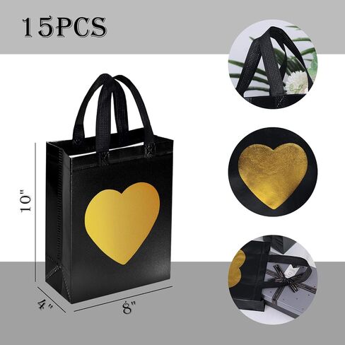 MCPINKY 15PCS Gift Bags with Handles, Black Non-woven Bags with Shiny Gold Heart Reusable Gift Bags Medium Size Party Favor Bags for Birthday Wedding Party Favors in Saudi Arabia
