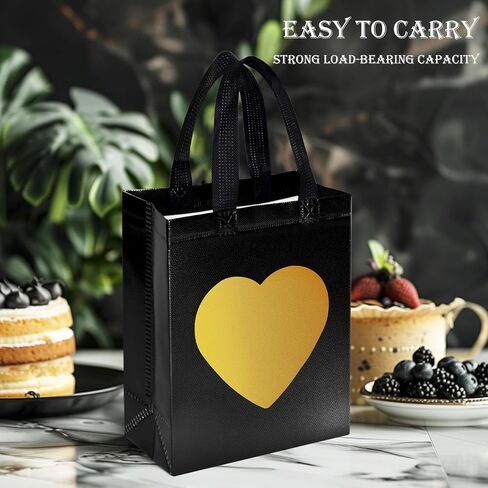 MCPINKY 15PCS Gift Bags with Handles, Black Non-woven Bags with Shiny Gold Heart Reusable Gift Bags Medium Size Party Favor Bags for Birthday Wedding Party Favors in Saudi Arabia