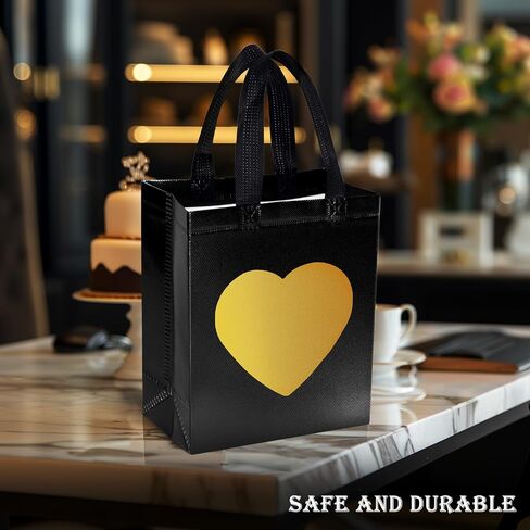 MCPINKY 15PCS Gift Bags with Handles, Black Non-woven Bags with Shiny Gold Heart Reusable Gift Bags Medium Size Party Favor Bags for Birthday Wedding Party Favors in Saudi Arabia