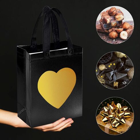 MCPINKY 15PCS Gift Bags with Handles, Black Non-woven Bags with Shiny Gold Heart Reusable Gift Bags Medium Size Party Favor Bags for Birthday Wedding Party Favors in Saudi Arabia