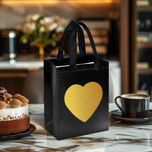 MCPINKY 15PCS Gift Bags with Handles, Black Non-woven Bags with Shiny Gold Heart Reusable Gift Bags Medium Size Party Favor Bags for Birthday Wedding Party Favors in Saudi Arabia