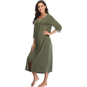 Womens Zipper Front Robes 3/4 Sleeve Housecoat Long Nightgowns Casual Loose Loungewear with Pockets