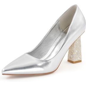 Women Sexy Closed Pointed Toe Pumps Rhinestone Block Chunky High Heel Dress Party Prom Wedding Shoes