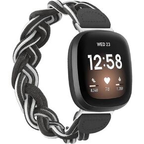SKYLET Compatible with Fitbit Sense/Fitbit Versa 3 Bands Women Men, Slim Elastic Loop Band Stretchy Braided Nylon Replacement Wristbands for Versa 3