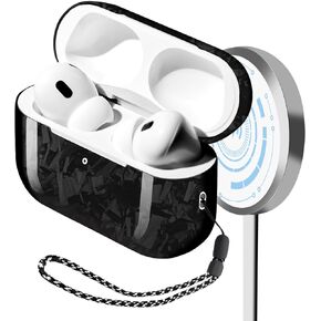 MONOCARBON Real Carbon Fiber Case for Airpods Pro 2nd Generation with Lanyard,AntiScratch Slim Protective Hard Cover for Airpods Pro 2 Compatible with Magsafe Wireless Charging-Forged Glossy Black