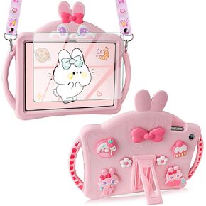 VOFUOE for Samsung Galaxy Tab A9 Plus Case for Kids Girls Galaxy Tab A9+ Cases with Screen Protector Shoulder Straps Handle, Rabbit Soft Silicone Tablet Cover for Galaxy Tab A9 Plus 11 Inch 2023-Pink