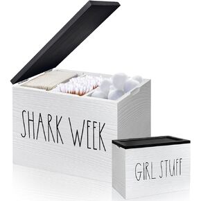 Tampons Holder for Bathroom, Pad and Tampon Organizer with Tray Lid, Wooden Feminine Product Shark Week Tampon Storage Organizer, Bathroom Accessories Small Storage Box - Black