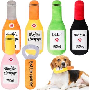 Shappy 6 Pcs Squeaky Dog Toys Beer Bottle and Opener Design Dog Squeaky Toys Interactive Funny Dog Toys with Squeaker Plush Wine Champagne Dog Toy for Small and Medium Dog Playing, Without Stuffing