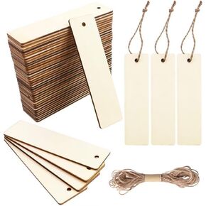 Wood Blank Bookmarks DIY Wooden Craft Bookmark Unfinished Wood Hanging Tags Rectangle Shape Blank Bookmark Ornaments with Holes and Ropes for Christmas DIY Wedding Birthday Party Decor (20)