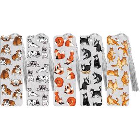 WIRESTER Set of 5 Paper Bookmarks with Tassel for Students, Reader, Teachers, Book Lovers - Animals Funny Playful Postures (English Bulldog, French Bulldog, Red Fox, Tuxedo Cat, Orange Tabby Cat)