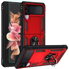 Androgate Designed for Samsung Galaxy Z Flip 3 Case, with 3D Curved HD Screen Protector, Military-Grade Ring Holder Kickstand 15ft Drop Tested Phone Cover Case for Samsung Z Flip 3 Black