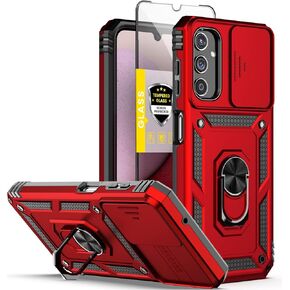Dretal for Galaxy A14 5G Case, Samsung A14 5G Case + Tempered Glass Screen Protector with Kickstand & Slide Lens Protector Heavy Duty Armor Shockproof Rugged Military Grade Protective Case(Red)