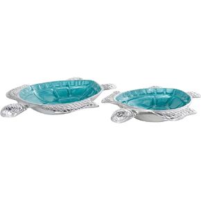 Deco 79 Aluminum Metal Turtle Decorative Bowl Decorative Bowl Enameled Decorative Containers with Silver Metal Exterior, Set of 2 Decorative Keepsake Boxes 10", 8" W, Blue