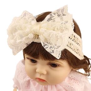 Bethynas Baby Girls Cute Bow-knot Lace Headband with pearl Christening White Soft Cotton Elastic Lace Hairband Infant Toddlers Bows Crown Hair Accessories (Ivory)