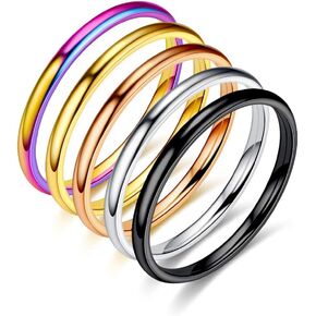 INENIMARTJ 2mm Thin Titanium Stainless Steel Knuckle Stacking Midi Rings,Stackable Dome Band Finger Ring Set for Women Men,5Pcs Simple Stylish Polished Wedding Ring Size 6-11