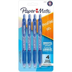Paper Mate Profile Retractable Gel Pen, 0.7mm Medium Point, Blue Ink, 4 Count