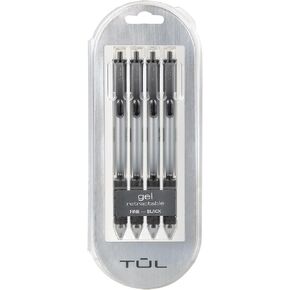 TUL Gel Pens, Retractable, Fine Point, 0.5 mm, Silver Barrel, Black Ink, Pack Of 4