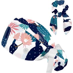 Cat Interesting Cute Bouffant Cap Women Long Hair Surgical Cap with Bowknot Scrunchie Cotton Working Hat Sweatband