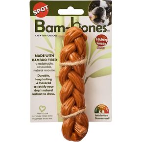 SPOT Bam-Bones Braided Stick - Made with Strong Bamboo Fiber, Durable Long Lasting Dog Chew Toy for Light to Moderate Chewers, for Dogs & Teething Puppies Under 30lbs, 5.75in, Hickory Smoke Flavor