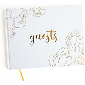 GSM Brands Wedding Guest Book, Simple Flower Bloom Line Art, 9 x 7 60 Lined Guestbook Pages, Elegant Gold Foil Embossed Design with Gold Page Edges