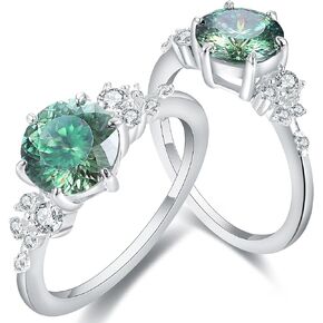 VVS1 2CT Portuguese Cut Blue Green Moissanite Engagement Rings for Women 0.23cttw Cluster White Cubic Zirconia Wedding Rings for Her Platinum Plated Sterling Silver Women's Promise Rings